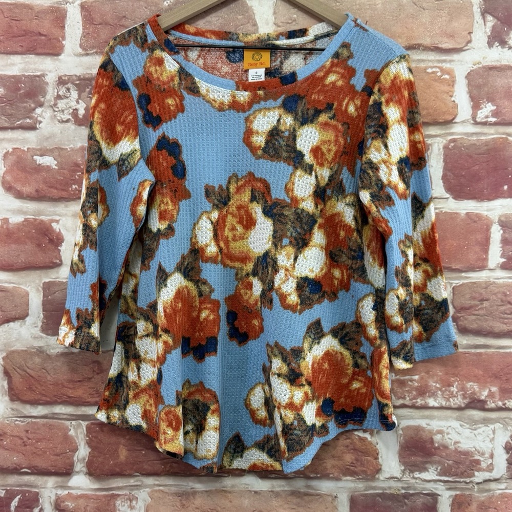 Ruby Rd Top Women's Small Blue Multicolor Jumbo Garden Floral Waffle Knit Shirt